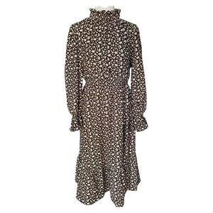 70F/21C Womens High Neck Long Bell Sleeve Smocked Waist Flounce Hem Midi Medium